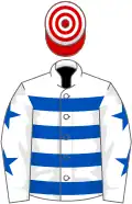 White royal blue hoops, stars on sleeves, red and white hooped cap