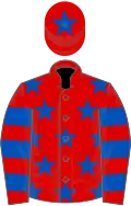 Red, royal blue stars, hooped sleeves and star on cap