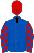 Royal blue, royal blue and red check sleeves, red cap