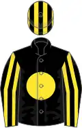 Black, yellow disc, striped sleeves and cap