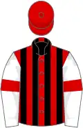 Red and black stripes, white sleeves, red armlets, red cap