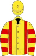 Yellow, red braces, hooped sleeves, yellow cap
