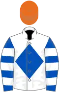 White, royal blue diamond, royal blue and white hooped sleeves, orange cap