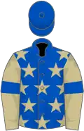 Royal blue, beige stars, beige sleeves, royal blue armlets, royal blue cap