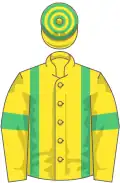 Yellow, emerald green braces, yellow sleeves, green armlets, hooped cap