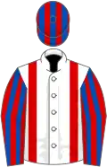 White, red braces, red and royal blue striped sleeves and cap