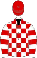 White and red check, hooped sleeves, red cap