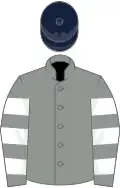 Grey, grey and white hooped sleeves, dark blue cap
