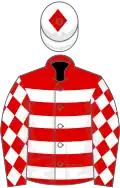 Red, white hoops, diamonds on sleeves, white cap, red diamond