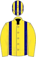 Yellow, navy blue braces, striped cap