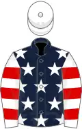 Dark blue, white stars, white and red hooped sleeves, white cap