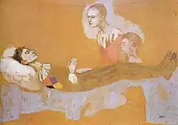Pablo Picasso, 1906, La Mort d'Arlequin (Death of Harlequin), gouache and pencil on board, 68.5 × 96&nbsp;cm, private collection