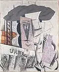 Pablo Picasso, 1913–14, Student with a Newspaper, plaster, oil, Conté crayon, and sand on canvas, 73 x 59.7 cm, Metropolitan Museum of Art