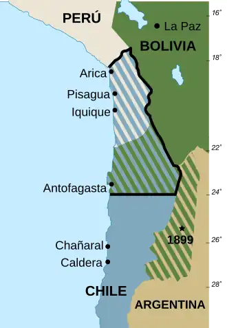 Map showing 1879 borders of Peru, Bolivia, Chile, and Argentina with indication of region under dispute in War of the Pacific with key cities, including Antofagasta and Arica, highlighted