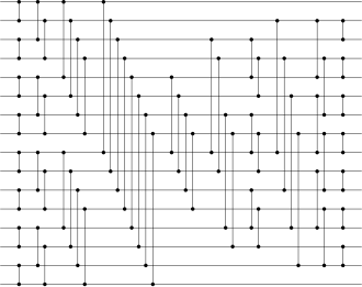 Visualization of the Pairwise sorting network with 16 inputs