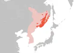 alt=Siberian tiger distribution &nbsp;&nbsp;Modern-day range &nbsp;&nbsp;Range in the late 1800s