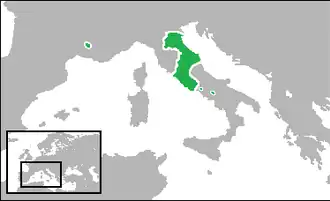 Map of the Papal States with the ecclesiastical enclave of Avignon in France.