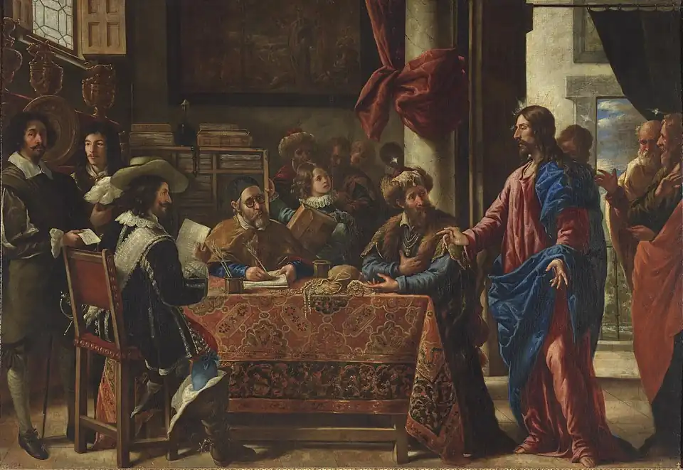 The Calling of Saint Matthew, (1661), 225 x 325&nbsp;cm, Prado Museum. Pareja paints himself at the left.[7]