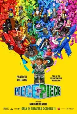 A Lego minifigure-ified Pharrell Williams with a bunch of Lego bricks and minifigures
