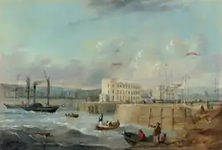 Oil painting of small boats and ships near a dock entrance