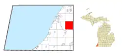 Location within Berrien County (red) and an administered portion of the Eau Claire village (pink)