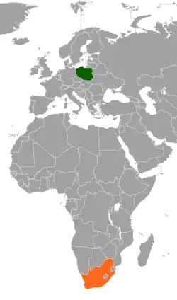 Map indicating locations of Poland and South Africa