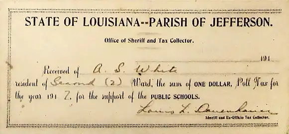 A poll tax is an optional local tax. A person had to pay it to be allowed to vote. The poll tax was designed to discourage certain people from voting, such as married women without separate bank accounts. As late as 1940, eight Southern states made payment of poll taxes a requirement for voting. This form of disenfranchisement was legal, in part because for decades after Reconstruction, the U.S. Supreme Court "closed its eyes to the use of the white primary, literacy tests, the poll tax, and other devices to deny black citizens the vote." Poll taxes were prohibited in 1964 by the Twenty-fourth Amendment to the United States Constitution