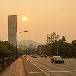 Portland skyline during 2015 Oregon wildfires - seen are the U.S. Bancorp Tower and White Stag sign from the Burnside Bridge