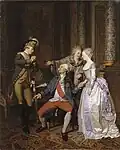 Painting by Charles Wilson Peale showing a young French dragoon officer having fought in the American Revolution; his father holds the Order of Saint Louis,