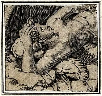 Two fragments cut from the one engraving. These fragments not present in the woodcut booklet. Both fragments are thought to be by Agostino Veneziano. Around 1530.[2]