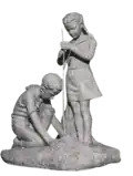 Sculpture in basorelief composed in bronze displaying two children planting a tree (afforestation).
