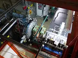 Beam direction right to left: RFQ (silver), MEBT (green), first drift tube linac (blue)[38]