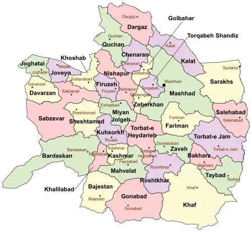 Location of Zeberkhan County in&nbsp;Razavi&nbsp;Khorasan&nbsp;province (center,&nbsp;yellow)