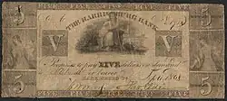 Five dollar bill. The illustration includes female figure with a rake and grain; and a seated Justice with sword and scales. The inscription reads Inscription: "THE HARRISBURG BANK Promises to pay FIVE dollars on demand to or bearer."