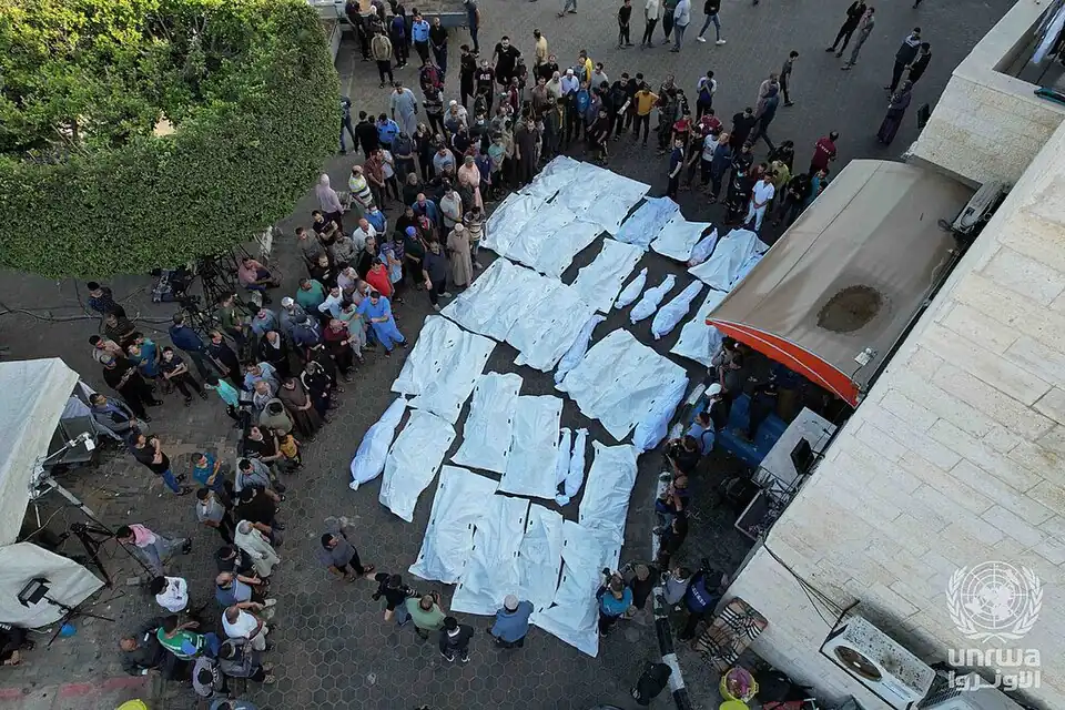 Bodies of people killed during the Gaza war. Al-Aqsa Martyrs Hospital, 6th of November 2023.