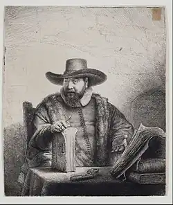 Etched portrait by Rembrandt.