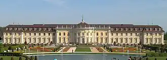 Ludwigsburg Palace and the Blooming Baroque gardens seen from the south garden in 2019. In the center and background is the Neuer Hauptbau and in particular the Marble Hall.