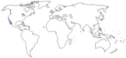 World map with blue coloring along the coastal area of California reaching to Mazatlan