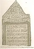 RIB 262[28] Tombstone of Sacer, son of Bruscus, a citizen of the Senones, set into the church tower of St Mary le Wigford, Lincoln.