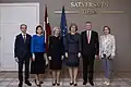 Judges of the Court during a visit by Speaker of the Saeima, Ināra Mūrniece (3rd left) in 2019. President of the Court Ineta Ziemele is to the right of her.