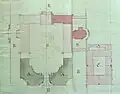 Schéma du Château-Vieux de Meudon en cours de démolition, 22 February 1805. En rose foncé, ce qu'il reste à démolir. ADY, 2Q 34
