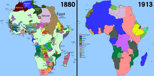 two maps of Africa, one in 1880 and one in 1913, showing how the country was divvied up by the colonial powers of that period