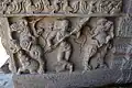 Srirangam, India. Sculpture of warrior woman from the Vijayanagar period, 16th century, Sesha Mandapa hall of the Sri Ranganathaswamy Temple.