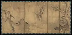Sesson Shūkei (), Gibbons in a Landscape, ink on Xuan paper, 62 in. x 11 ft. 5 in. (157.5 x 348 cm), 1570, Japan. Collected by the Metropolitan Museum of Art.