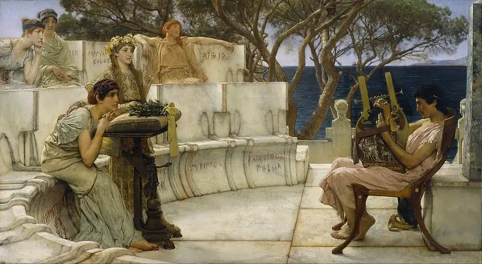 Painting of a man, Alcaeus, playing the lyre to an enraptured woman, Sappho
