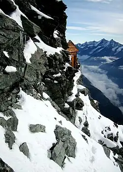 The Solvay Hut (Hörnli Ridge) of the Matterhorn, near Zermatt, Switzerland. At 4,003 metres (13,133&nbsp;ft)