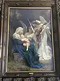 A trio of angels are playing music to a sleeping mother and child.