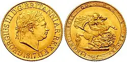 A sovereign with the bust of George III on the obverse and Saint George slaying the dragon on the reverse