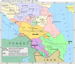 Map of the Dagestan ASSR and other ASSR in Caucasus region