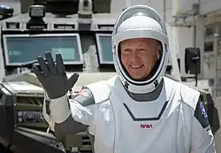 Douglas Hurley, departing the Neil A. Armstrong Operations and Checkout Building before Demo-2 launch.